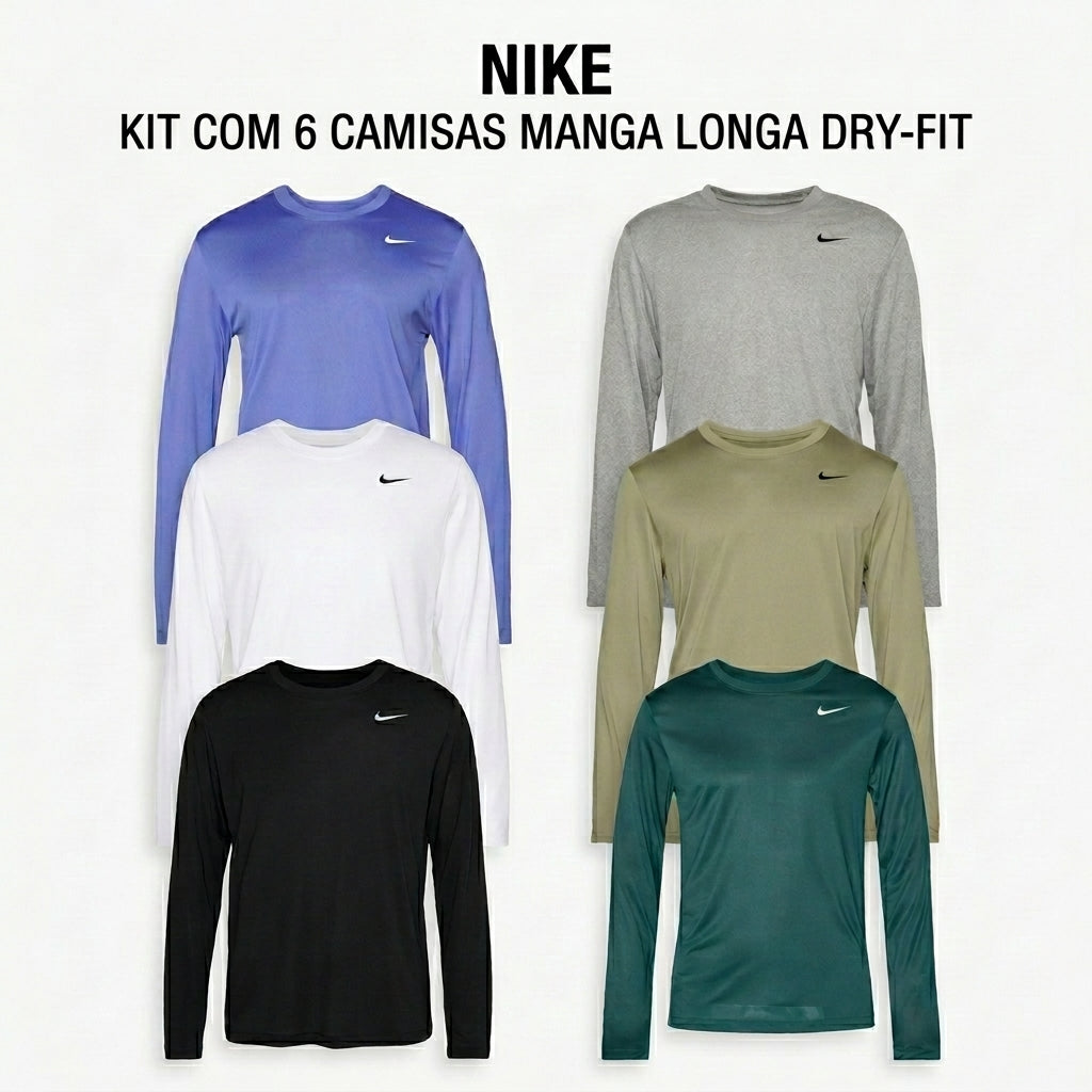 Kit 6 Camisas Nike Dry-Fit Segunda Pele Térmica Manga Longa UV
