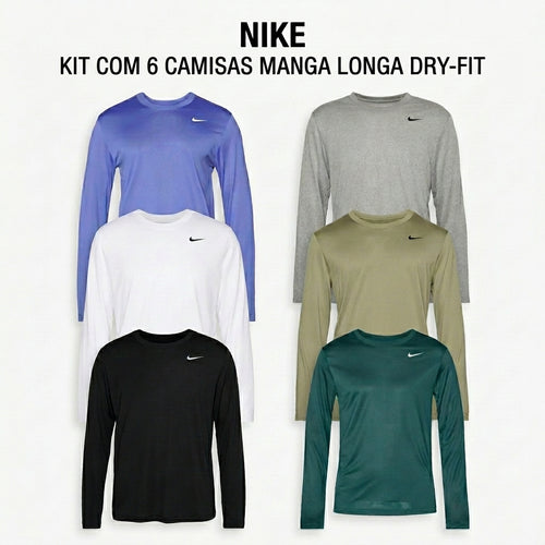 Kit 6 Camisas Nike Dry-Fit Segunda Pele Térmica Manga Longa UV